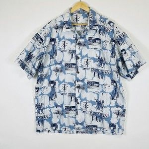 Murf Vintage Surf Theme Blue White Short Sleeve Button Front Top Shirt‎ Mens 2XL